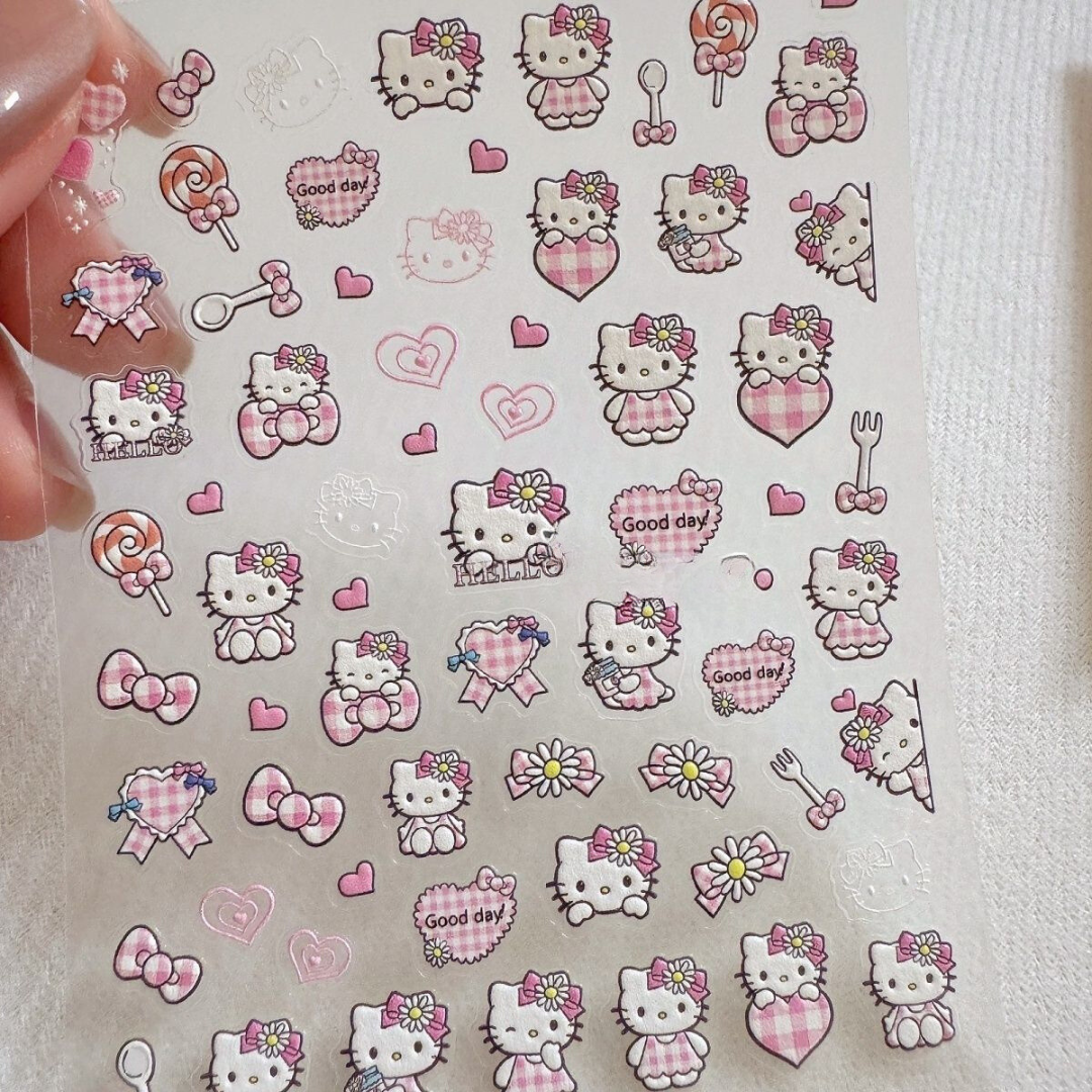 5D Hello Kitty Embossed Nail Stickers – Cute Pink Skirt Kitty Cat DIY Decals for Water Bottles, Cameras & More