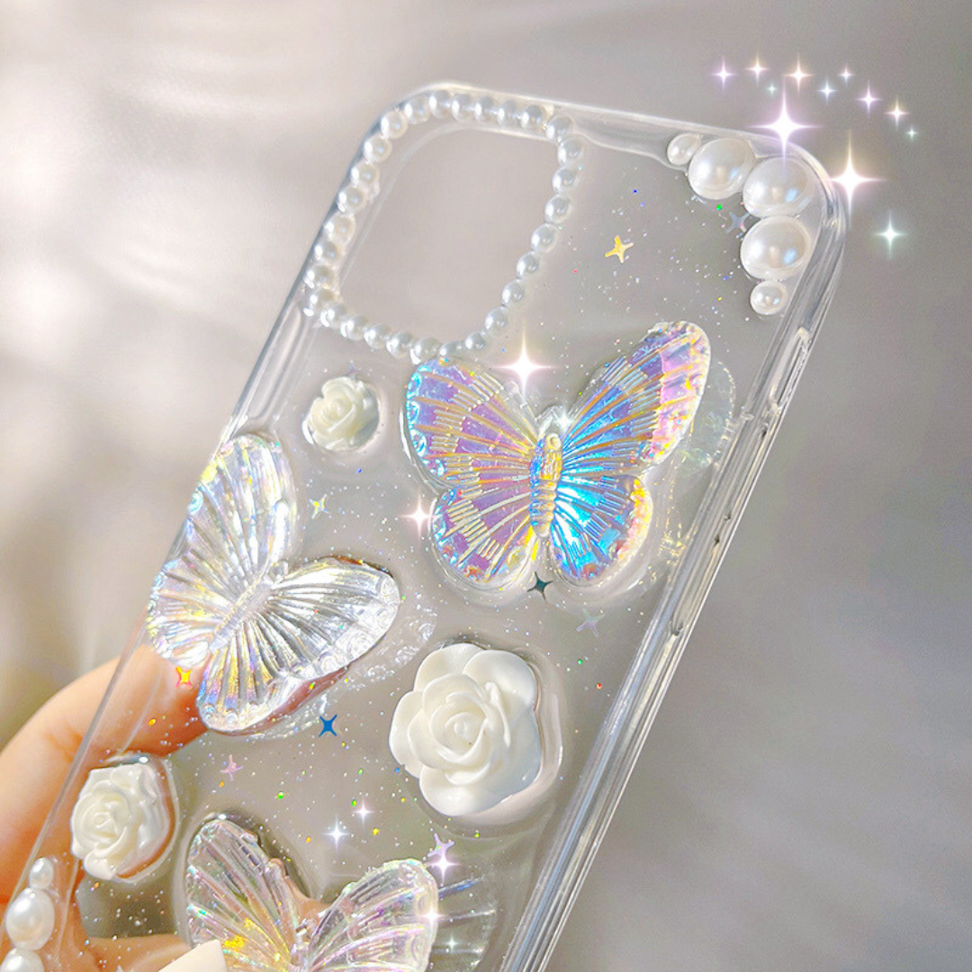 French Retro 3D Butterfly Glitter Phone Case – Elegant Protective Cover