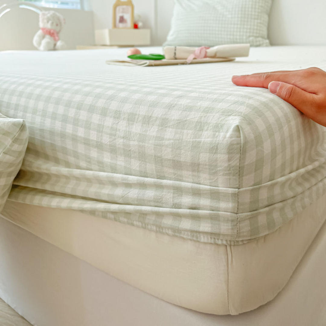 Washed Cotton Fitted Sheet – Simple Checkered & Solid Color Mattress Protector, Full Wrap Bed Sheet 3-Piece Set
