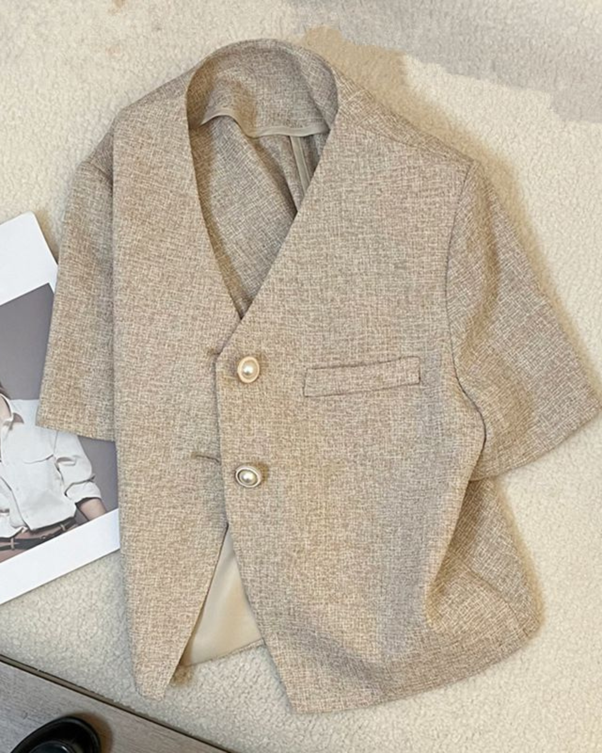 Light Coffee Short Sleeve Cropped Tweed Blazer Elegant Women Top