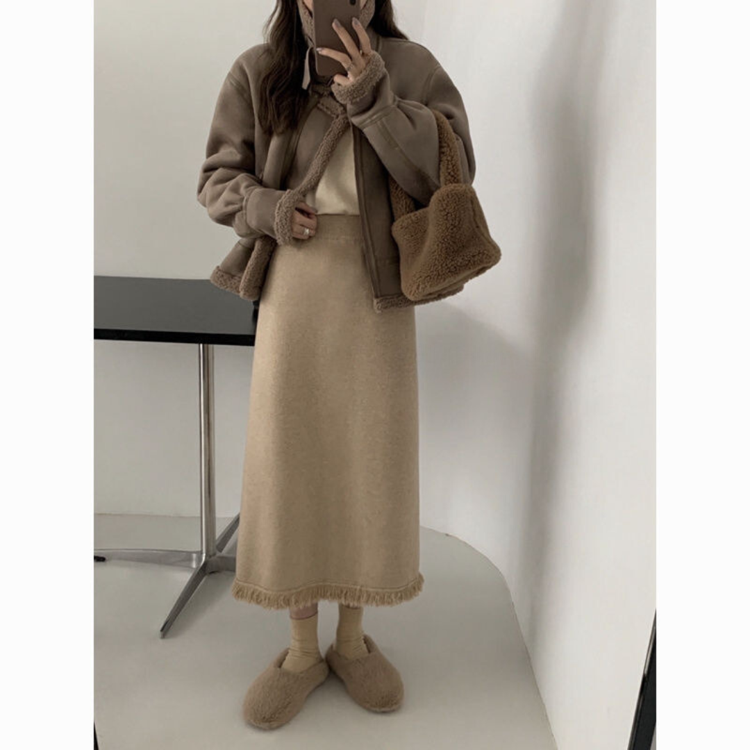 Vintage Knit Tassel Split Skirt | Thickened Mid-Length Wool Skirt for Women
