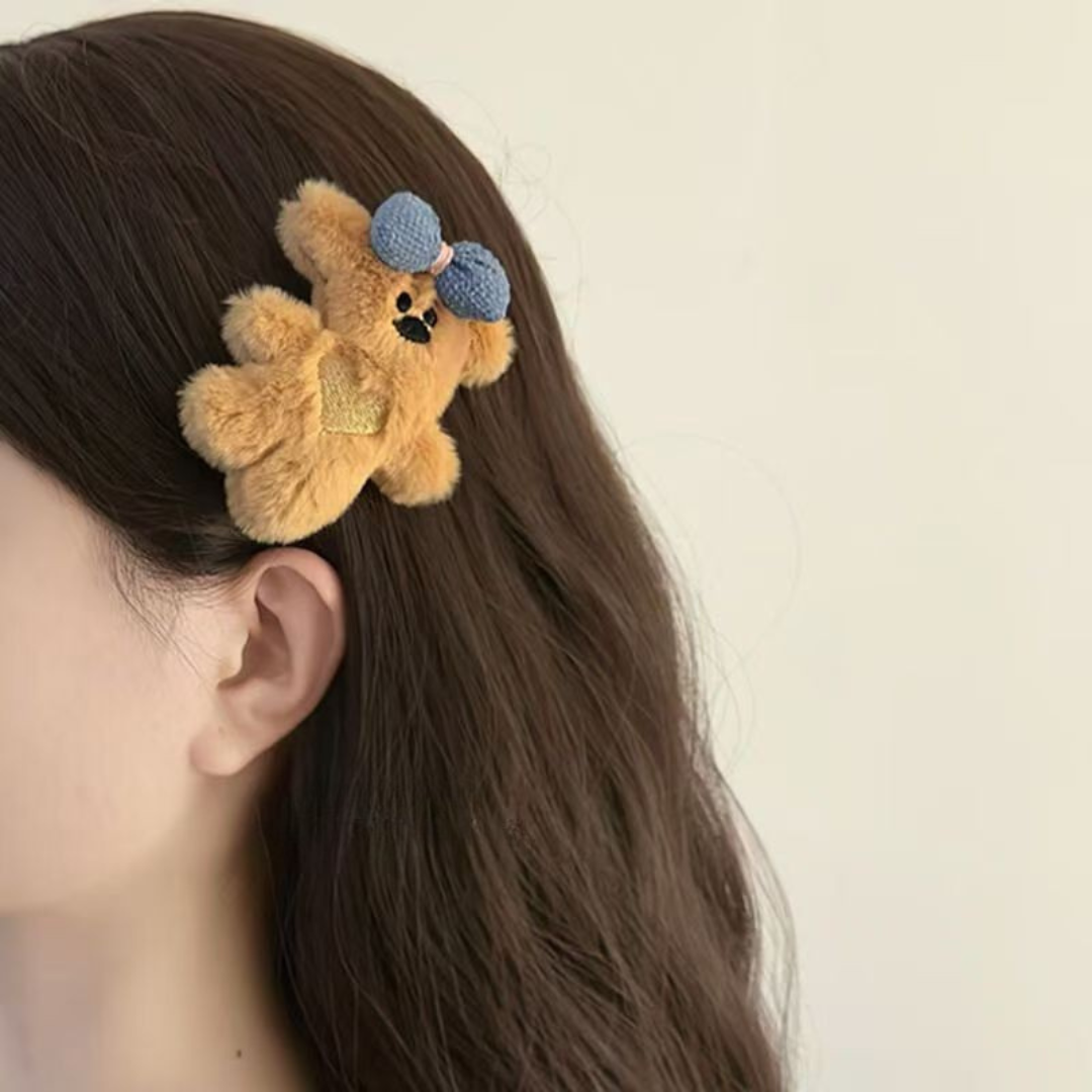 Plush Teddy Bear Bow Hair Clip – Cute Cartoon Duckbill Clip for Girls
