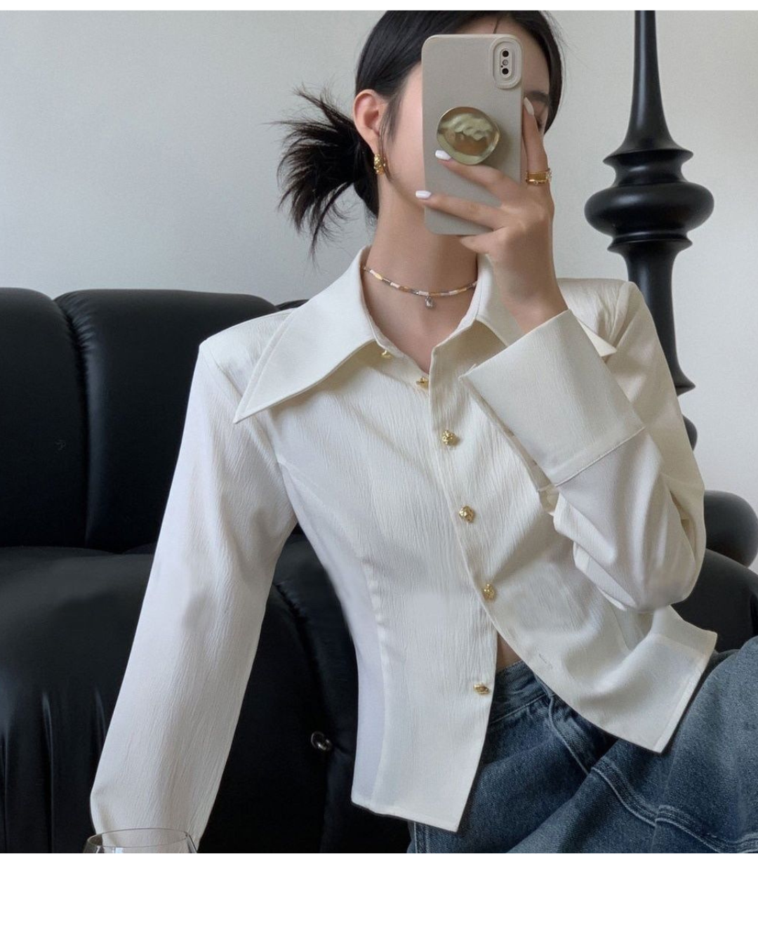 White French Style Pointed Collar Slim Fit Long Sleeve Shirt