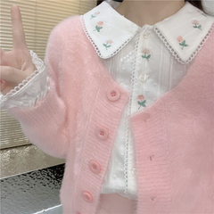 Vintage Girl Embroidered Peter Pan Collar Shirt | Loose Long Sleeve Cotton Top, Japanese Style