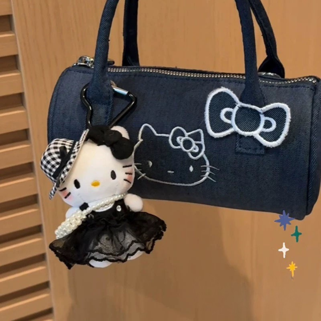 Hepburn-Inspired Kitty Cat Plush Keychain – Cute Travel Hat Bag Charm and Stuffed Doll Pendant