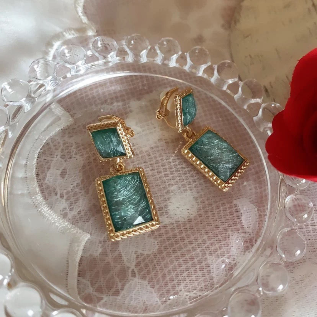 Green Abyss Dream Geometric 925 Silver Stud Earrings | Vintage Faceted Sparkling Luxury for Women