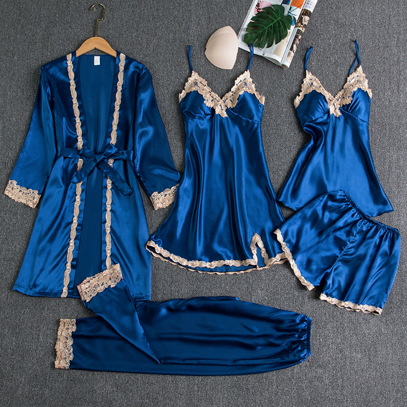 Silk 5-Piece Women's Sleepwear Set with Chest Pads – Camisole Dress, Robe & Loungewear
