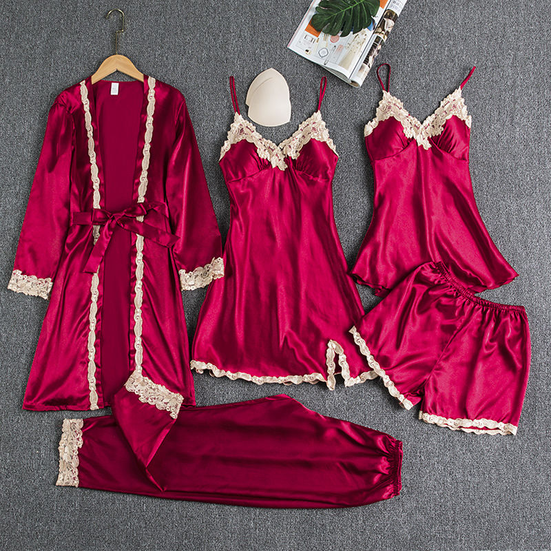 Silk 5-Piece Women's Sleepwear Set with Chest Pads – Camisole Dress, Robe & Loungewear