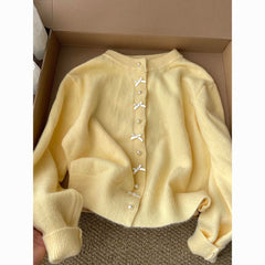 High End Butter Yellow Knit Cardigan Long Sleeve Button Up Sweater for Women