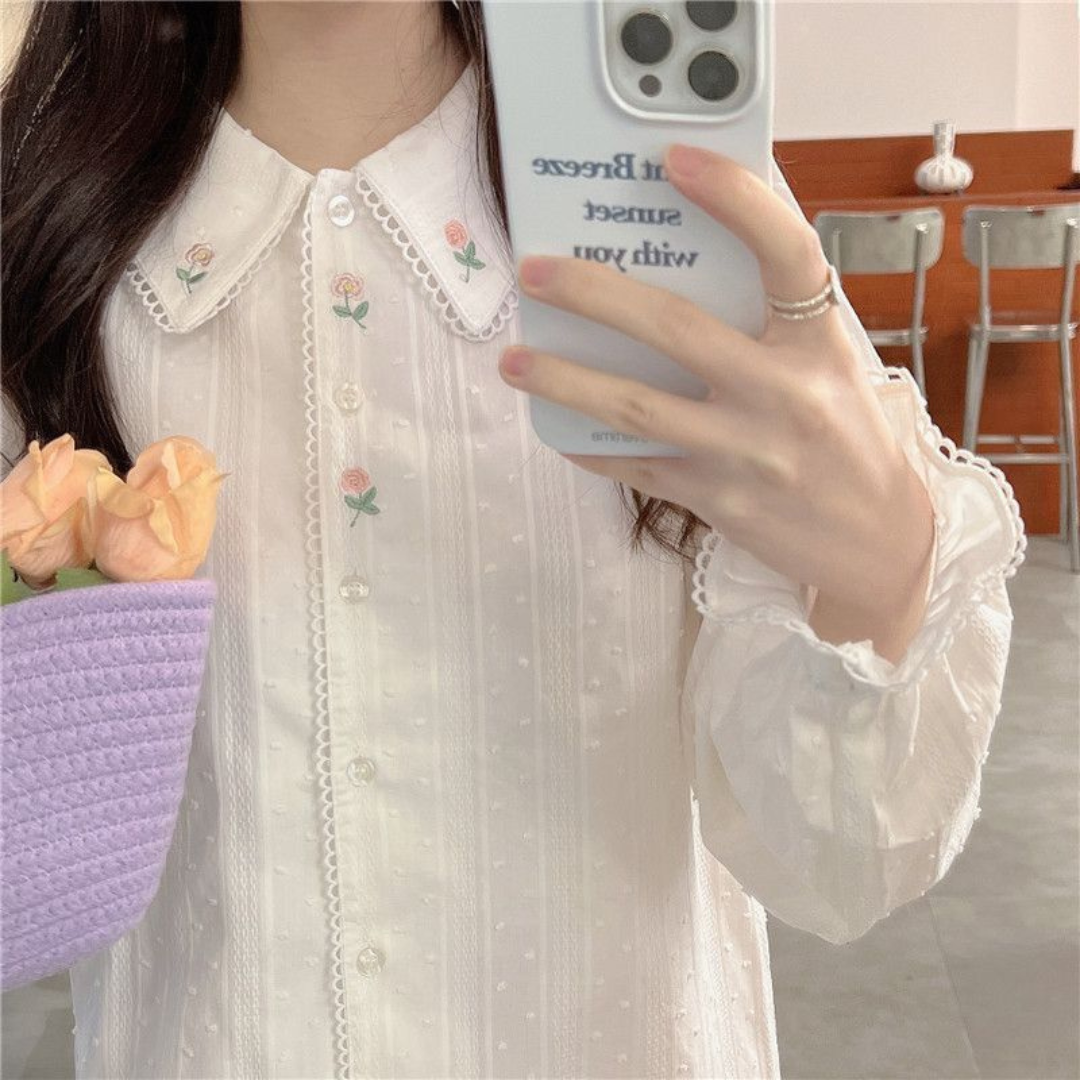 Vintage Girl Embroidered Peter Pan Collar Shirt | Loose Long Sleeve Cotton Top, Japanese Style