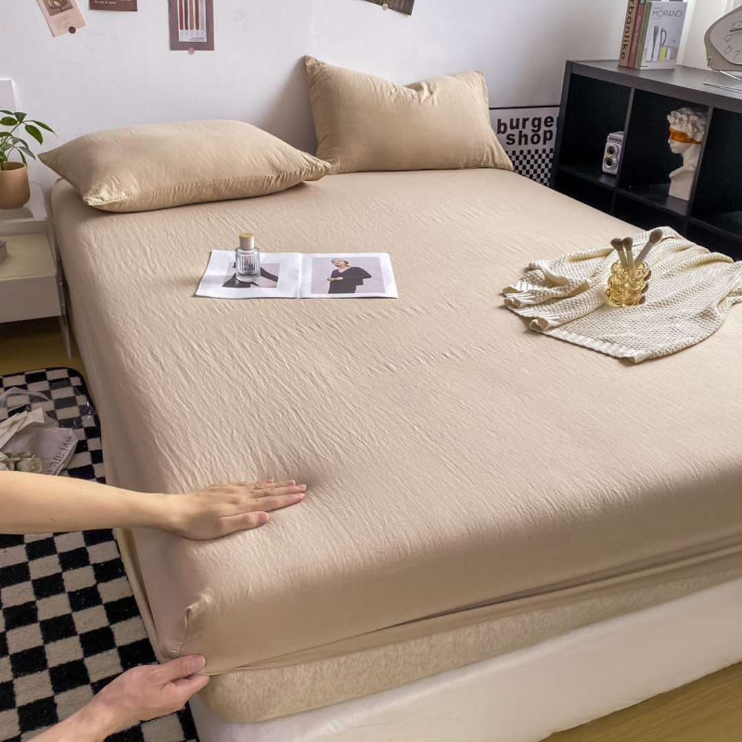 Washed Cotton Fitted Sheet – Simple Checkered & Solid Color Mattress Protector, Full Wrap Bed Sheet 3-Piece Set