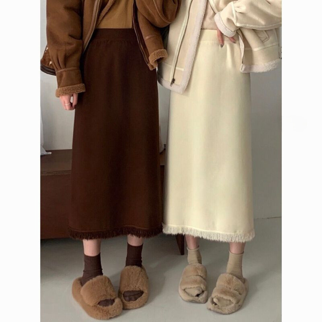 Vintage Knit Tassel Split Skirt | Thickened Mid-Length Wool Skirt for Women