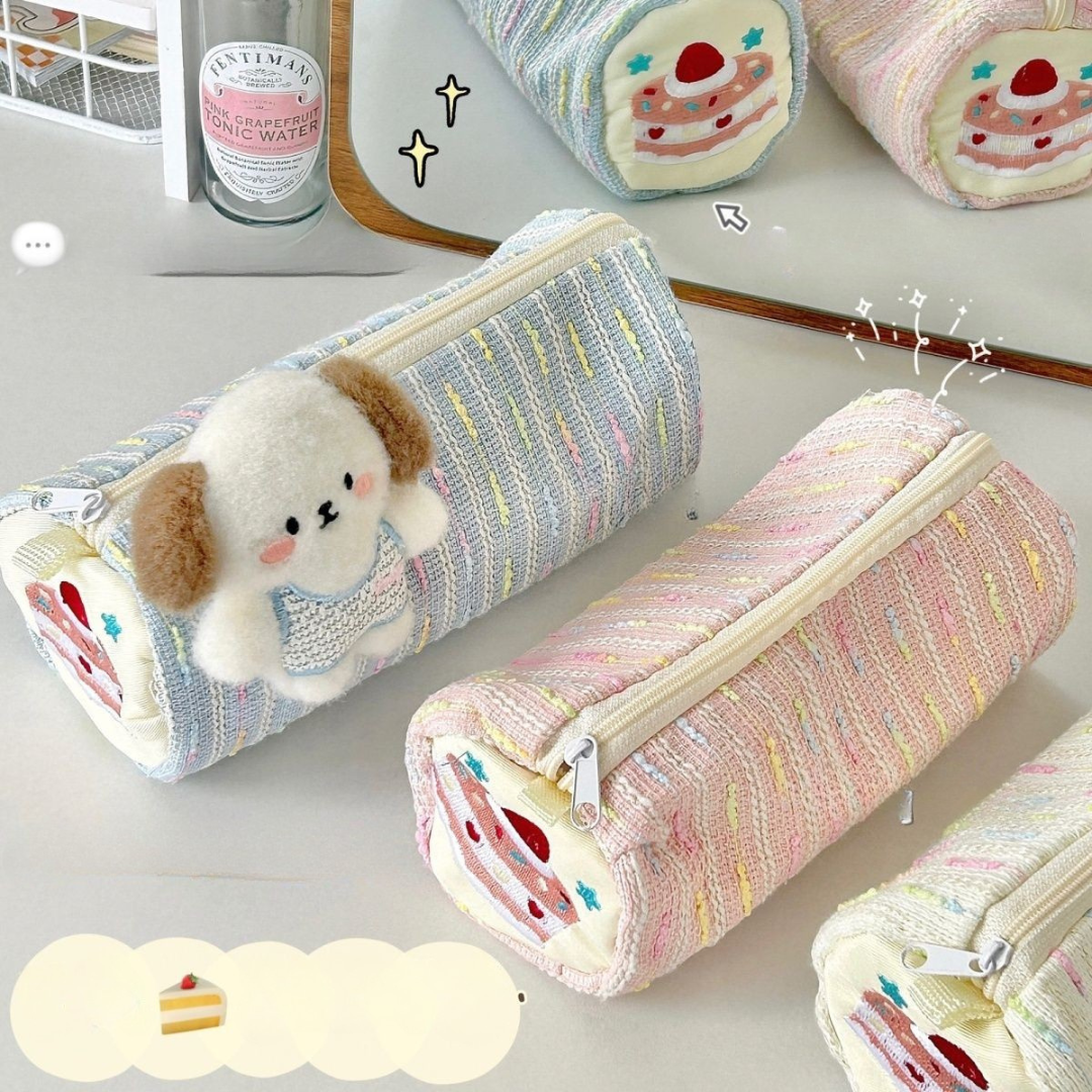 Cute Strawberry Cake Puppy Pencil Case – Large Capacity Cartoon Stationery Bag