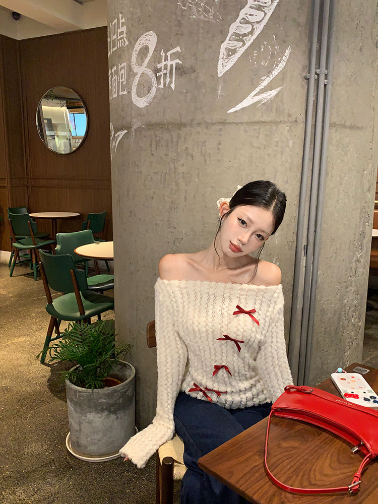 White Off-Shoulder Knit Sweater with Bow – Slim Fit Pullover for Women