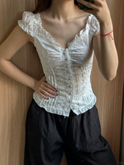 French Jacquard Puff Sleeve Top – Palace Style Ballet Girl Lace Button Blouse