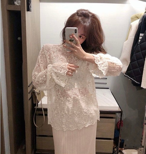 Chic Lace Mesh Blouse – Semi-Turtleneck Elegant Base Layer
