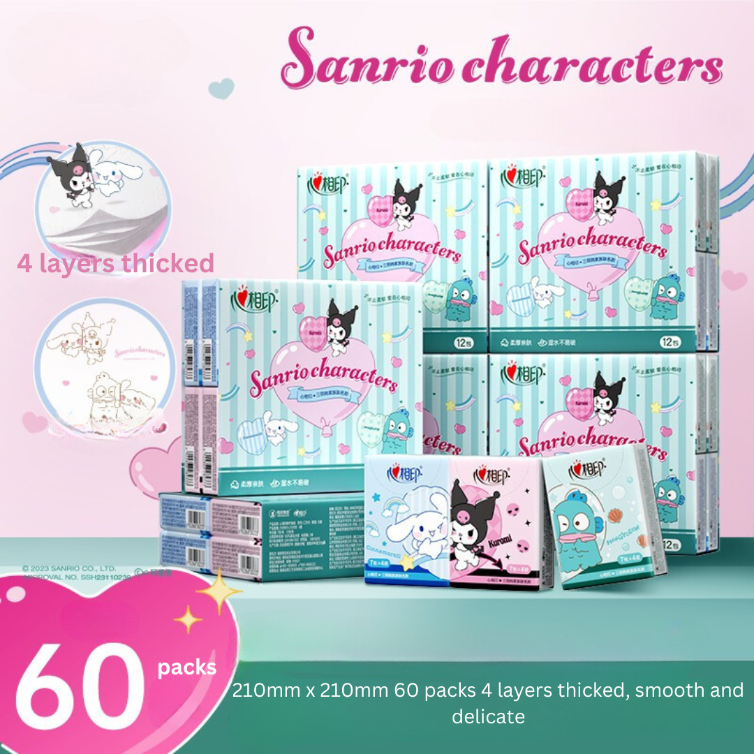 Heartfelt x Sanrio Collaboration Pocket Tissue - Cute Cartoon Printed Mini Travel Pack, Portable Handkerchief Tissue for On-the-Go
