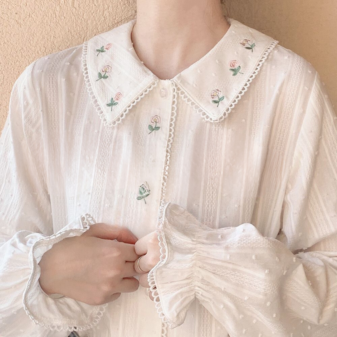 Vintage Girl Embroidered Peter Pan Collar Shirt | Loose Long Sleeve Cotton Top, Japanese Style