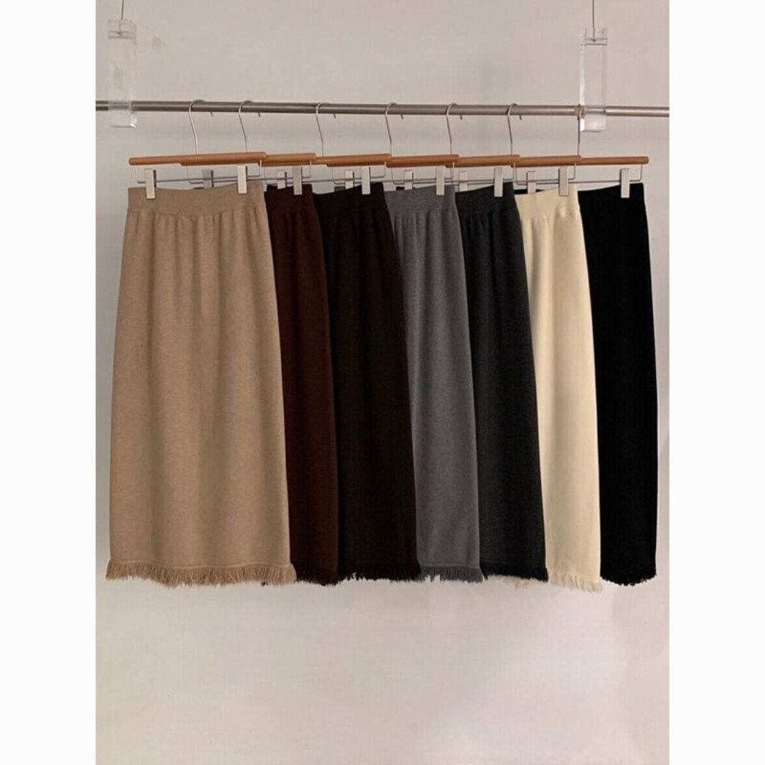 Vintage Knit Tassel Split Skirt | Thickened Mid-Length Wool Skirt for Women