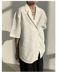 Asymmetric Button Embossed Pattern Loose Short Sleeve Shirt