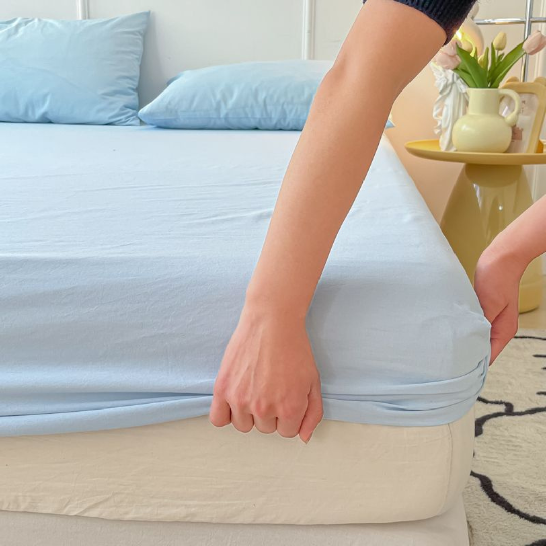 Washed Cotton Fitted Sheet – Simple Checkered & Solid Color Mattress Protector, Full Wrap Bed Sheet 3-Piece Set