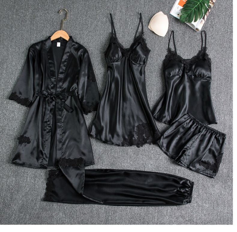 Silk 5-Piece Women's Sleepwear Set with Chest Pads – Camisole Dress, Robe & Loungewear