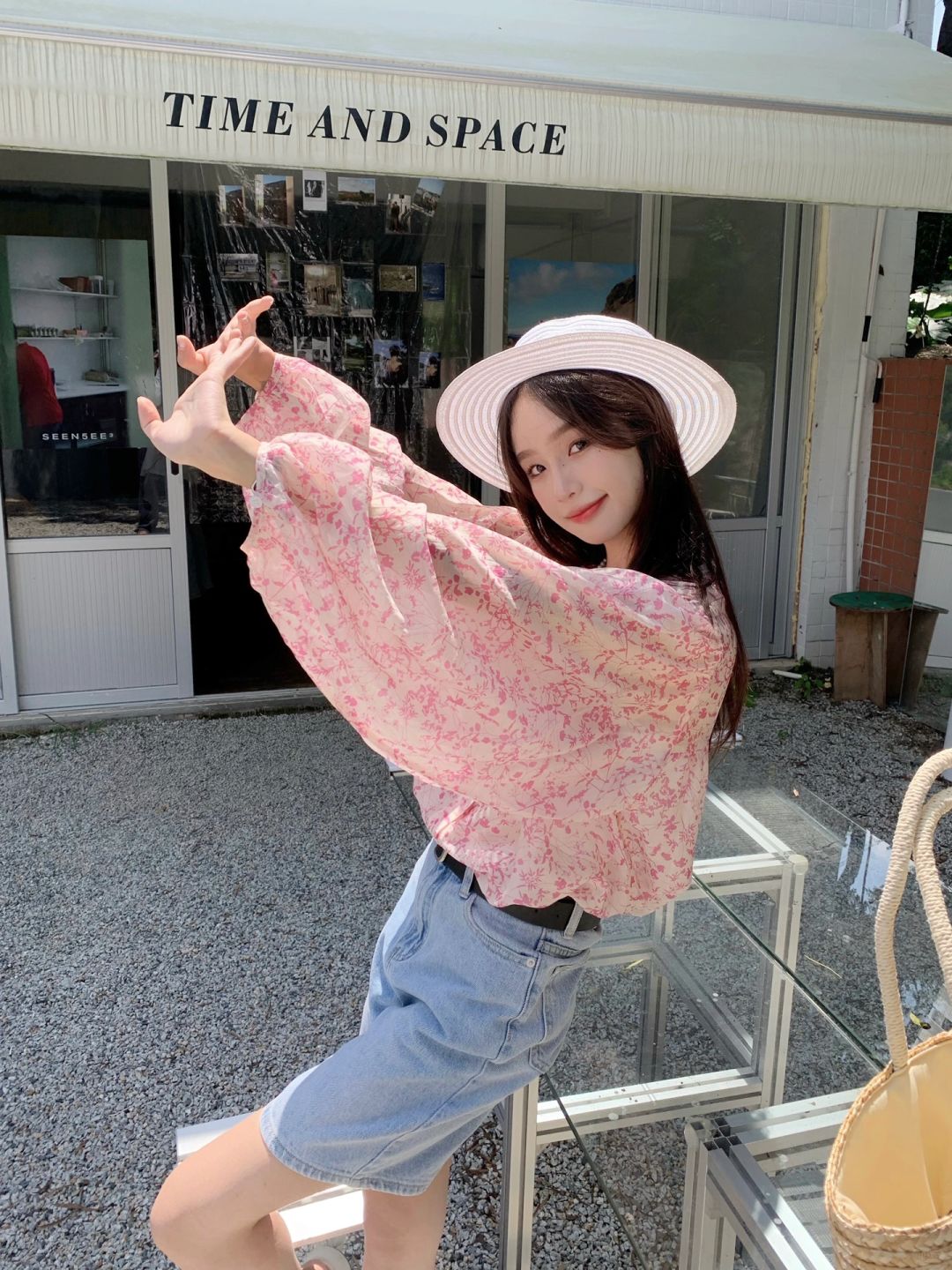 French pink floral loose chiffon summer shirt sun protection clothing