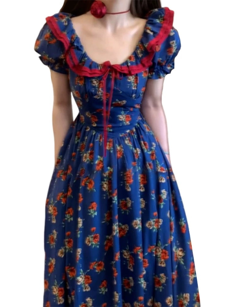 Elegant French Puff Sleeve Floral Maxi Dress – High-End Waist Slim Seaside Holiday Style