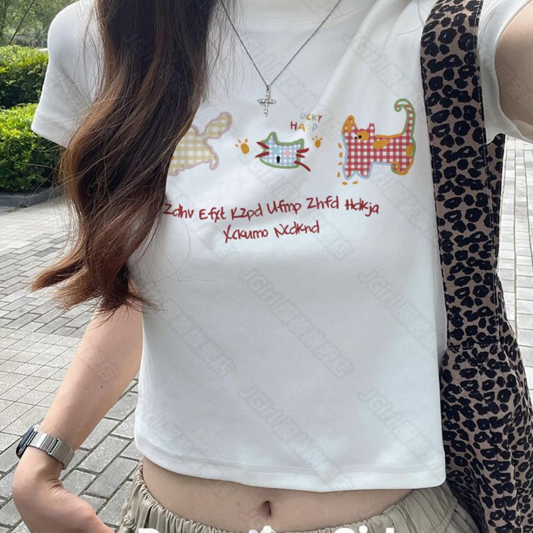 Dopamine Cat Print Cotton T-Shirt for Women – Slim Fit Short Sleeve Sweet Girl Top