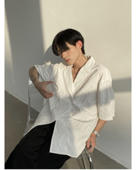 Asymmetric Button Embossed Pattern Loose Short Sleeve Shirt