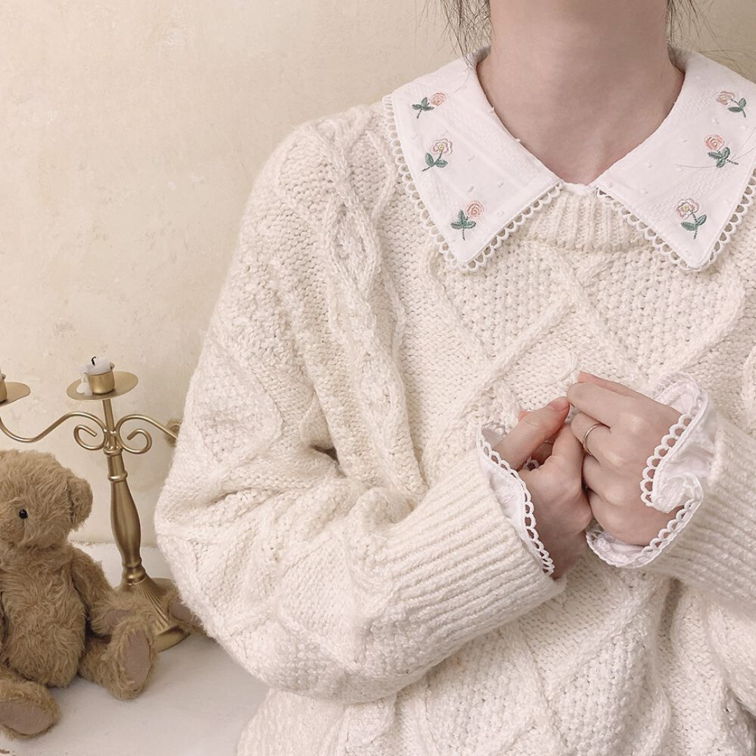 Vintage Girl Embroidered Peter Pan Collar Shirt | Loose Long Sleeve Cotton Top, Japanese Style
