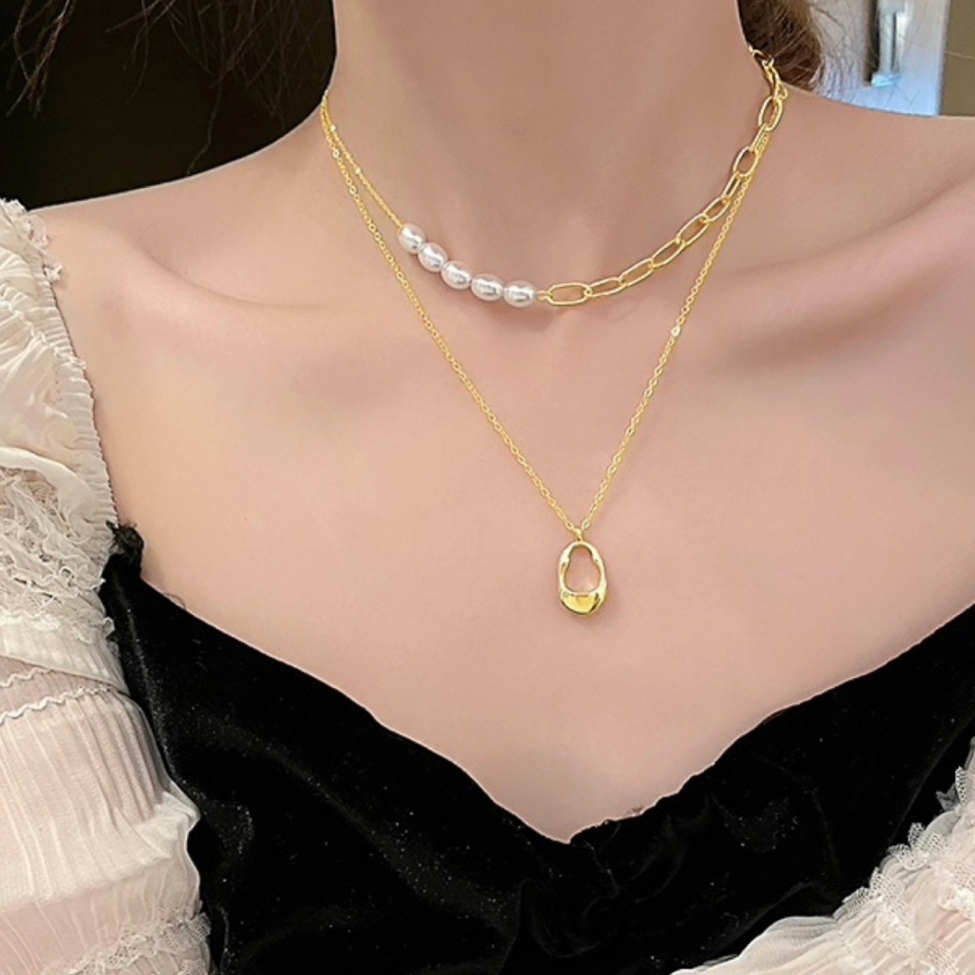 Minimalist Pearl & Plaid Teardrop Pendant Necklace Set