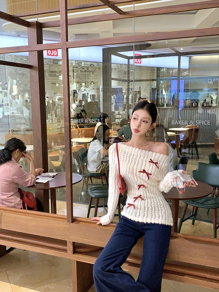 White Off-Shoulder Knit Sweater with Bow – Slim Fit Pullover for Women