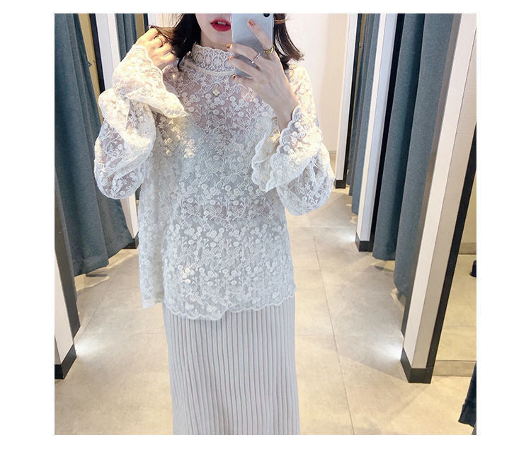 Chic Lace Mesh Blouse – Semi-Turtleneck Elegant Base Layer