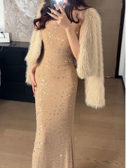 European studded diamond design light luxury high-end evening long spaghetti dress