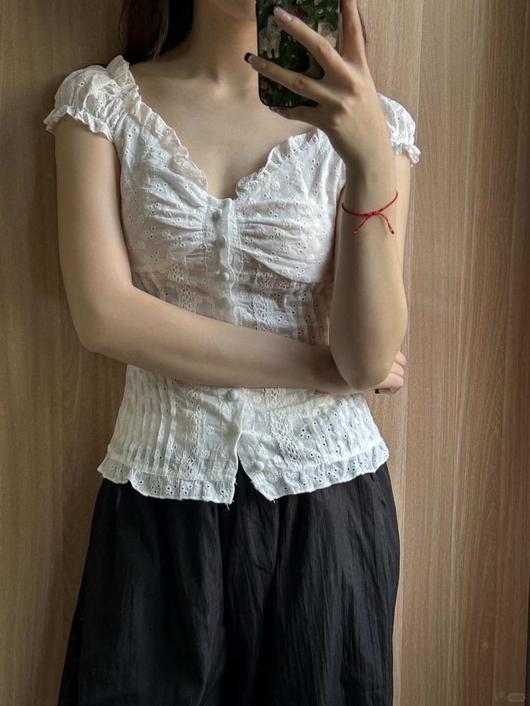 French Jacquard Puff Sleeve Top – Palace Style Ballet Girl Lace Button Blouse