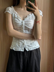 French Jacquard Puff Sleeve Top – Palace Style Ballet Girl Lace Button Blouse