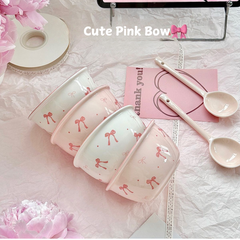Bowknot Ceramic Bowl and Spoon Set with Under-Glaze Design – High-Quality, Cute Tableware for Meals and Desserts