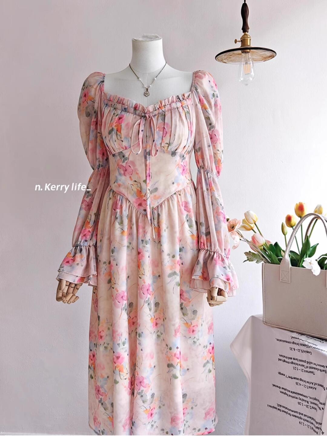 French Floral Ruffled Maxi Dress – Elegant Waist-Cinching Tea Break Dress for Women