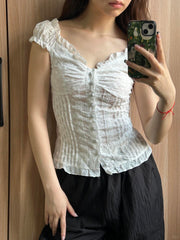 French Jacquard Puff Sleeve Top – Palace Style Ballet Girl Lace Button Blouse
