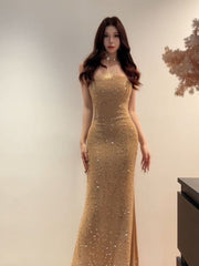 European studded diamond design light luxury high-end evening long spaghetti dress