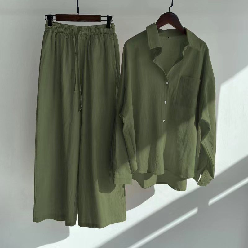 Vintage Plus Size Cotton Linen Two-Piece Set – Women's High-Waist Shirt & Wide-Leg Pants