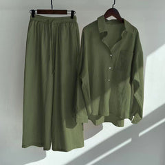 Vintage Plus Size Cotton Linen Two-Piece Set – Women's High-Waist Shirt & Wide-Leg Pants