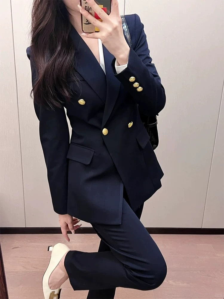 Women’s Navy Blazer Suit Set – Gold Button Old Money Style Workwear