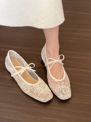 Women’s White Lace Mesh Ballet Flats – Floral Embroidered Tie-Up Shoes