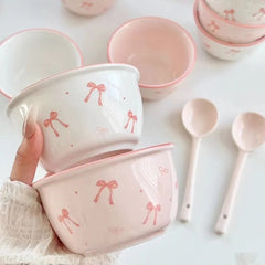 Bowknot Ceramic Bowl and Spoon Set with Under-Glaze Design – High-Quality, Cute Tableware for Meals and Desserts