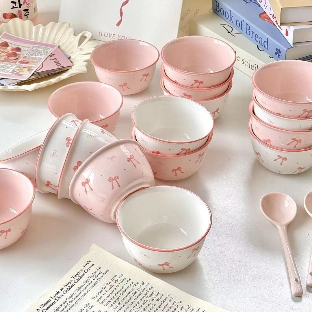 Bowknot Ceramic Bowl and Spoon Set with Under-Glaze Design – High-Quality, Cute Tableware for Meals and Desserts
