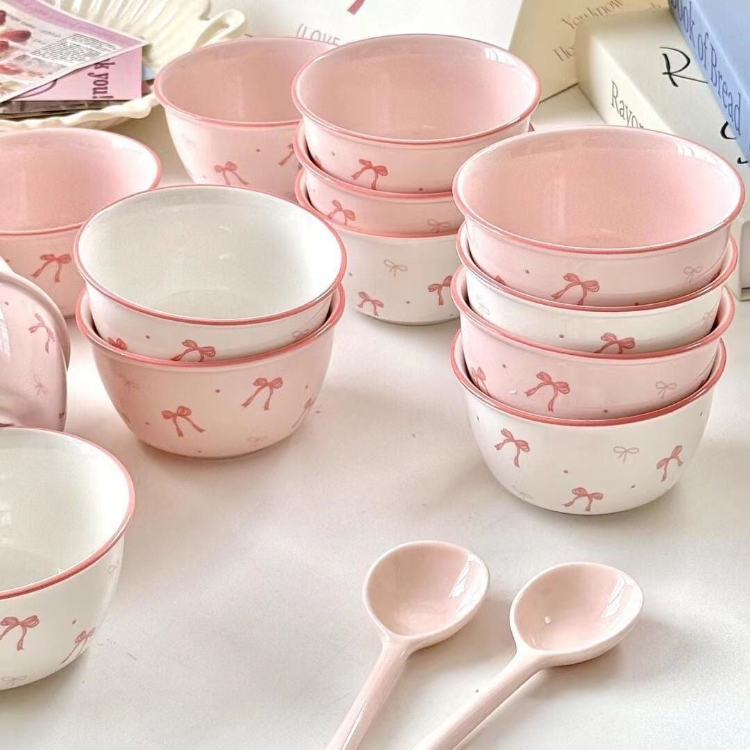 Bowknot Ceramic Bowl and Spoon Set with Under-Glaze Design – High-Quality, Cute Tableware for Meals and Desserts