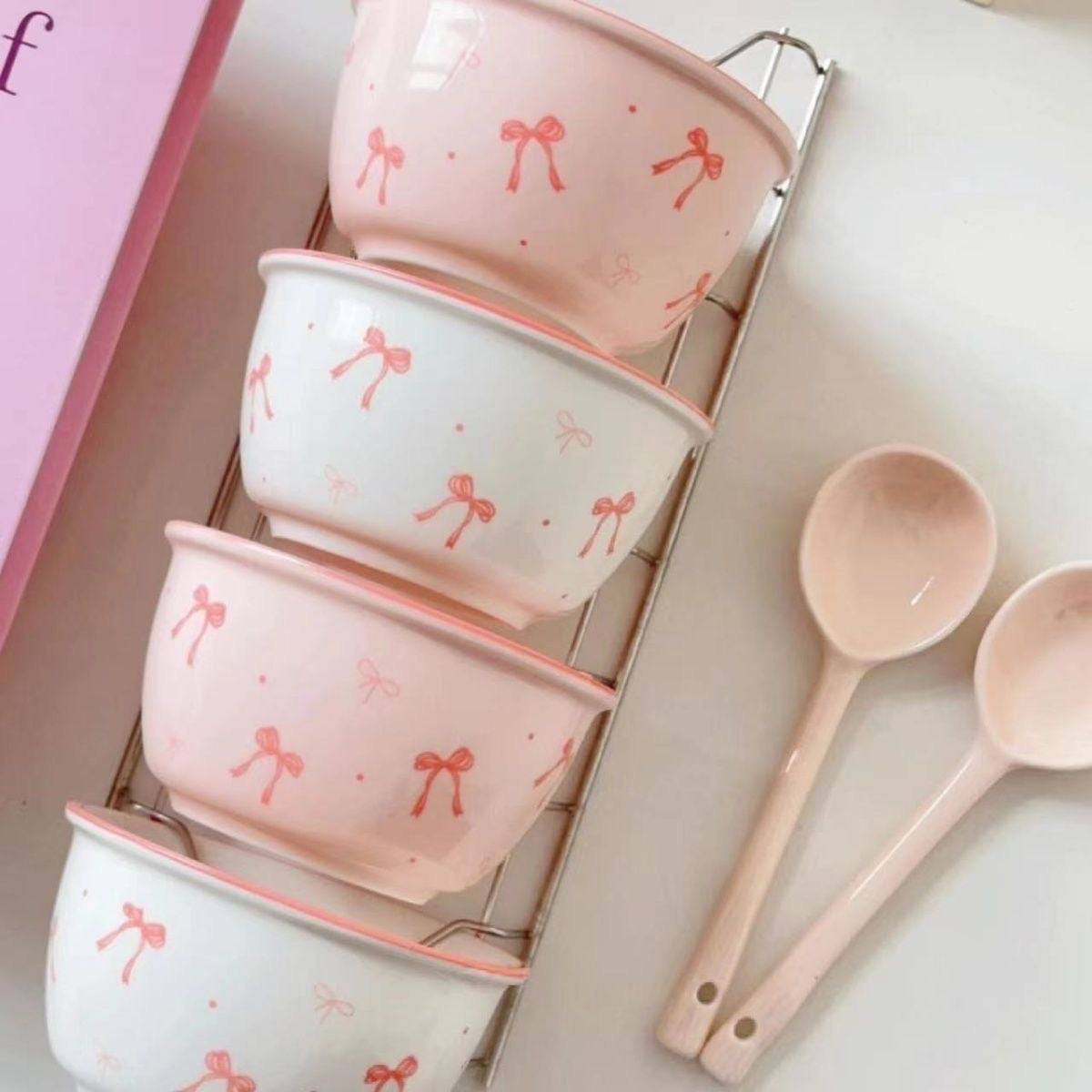 Bowknot Ceramic Bowl and Spoon Set with Under-Glaze Design – High-Quality, Cute Tableware for Meals and Desserts