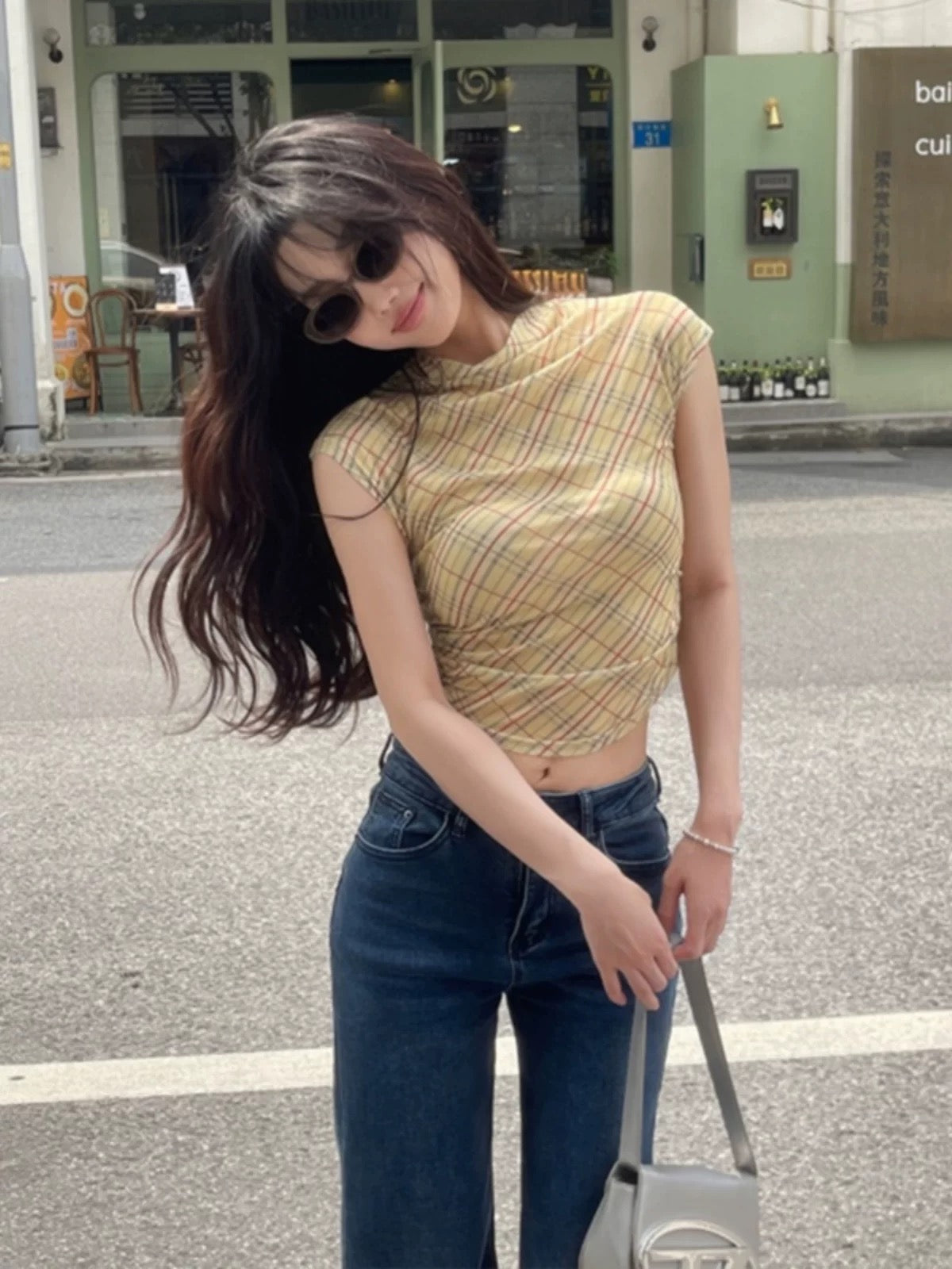 Plaid Mesh Off-Shoulder Crop Top – Spicy Slim Fit Tee